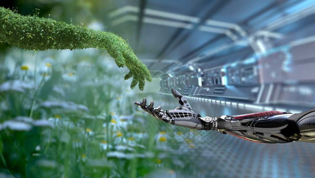 Konzeptentwurf für grüne Technologie, menschlicher Arm mit Gras bedeckt