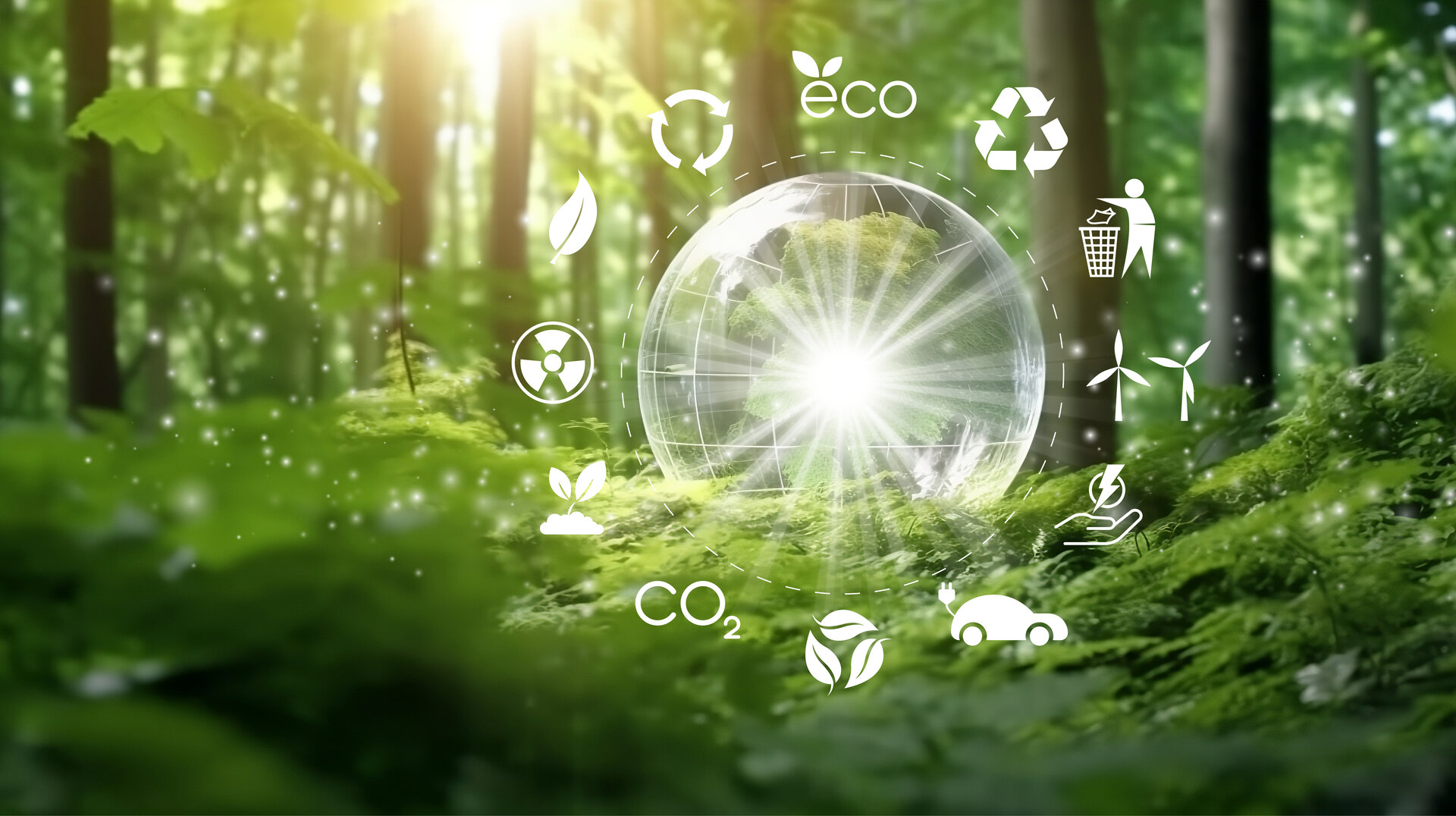 Glasglobus in grünem Wald mit der Ikone Umgebung der ESG, co