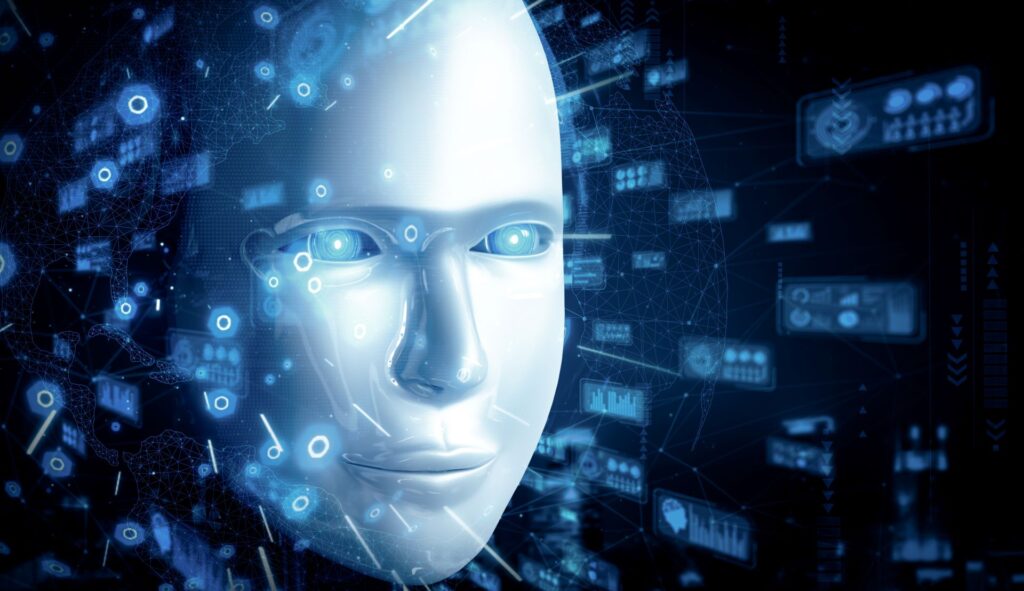 MLB 3D Illustration, Roboter mit humanoidem Gesicht, Nahaufnahme mit grafischem Konzept der Datenanalyse durch AI denkendes Gehirn, künstliche Intelligenz und maschinelles Lernen für den Industrie 4.0