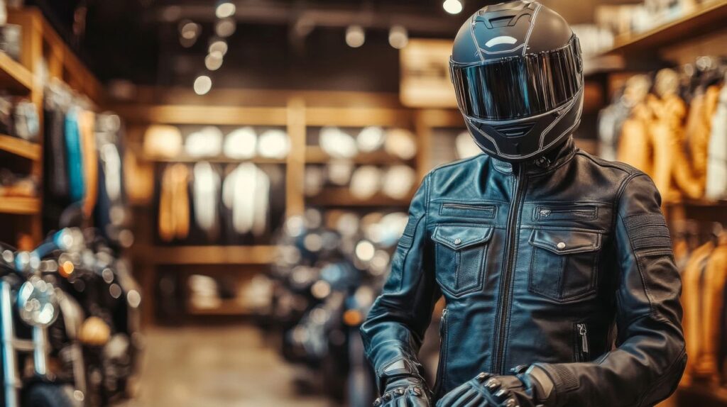 Motorradfahrer mit schwarzer Schutzkleidung und Helm steht in einem Showroom mit Zubehör wie Tankrucksack wasserdicht