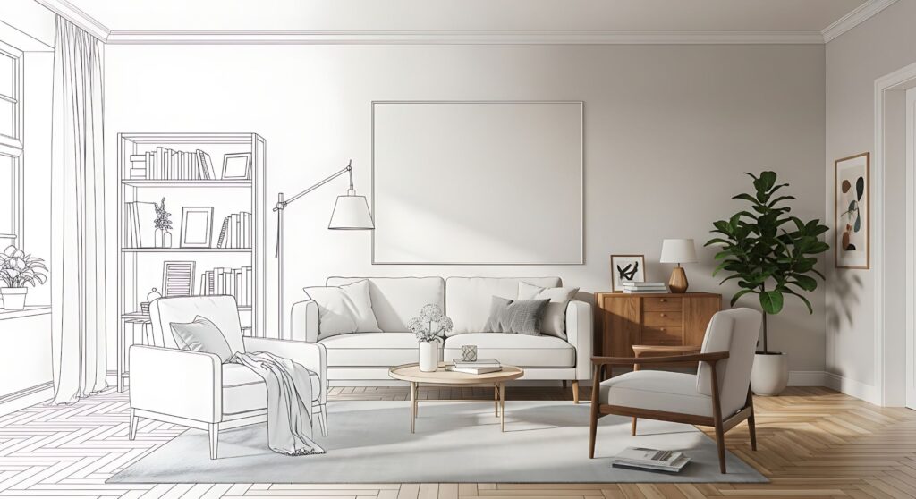 Helles Wohnzimmer im minimalistischen Stil, halb fotografiert und halb als Zeichnung dargestellt – Symbolbild für Planung und Sanierung