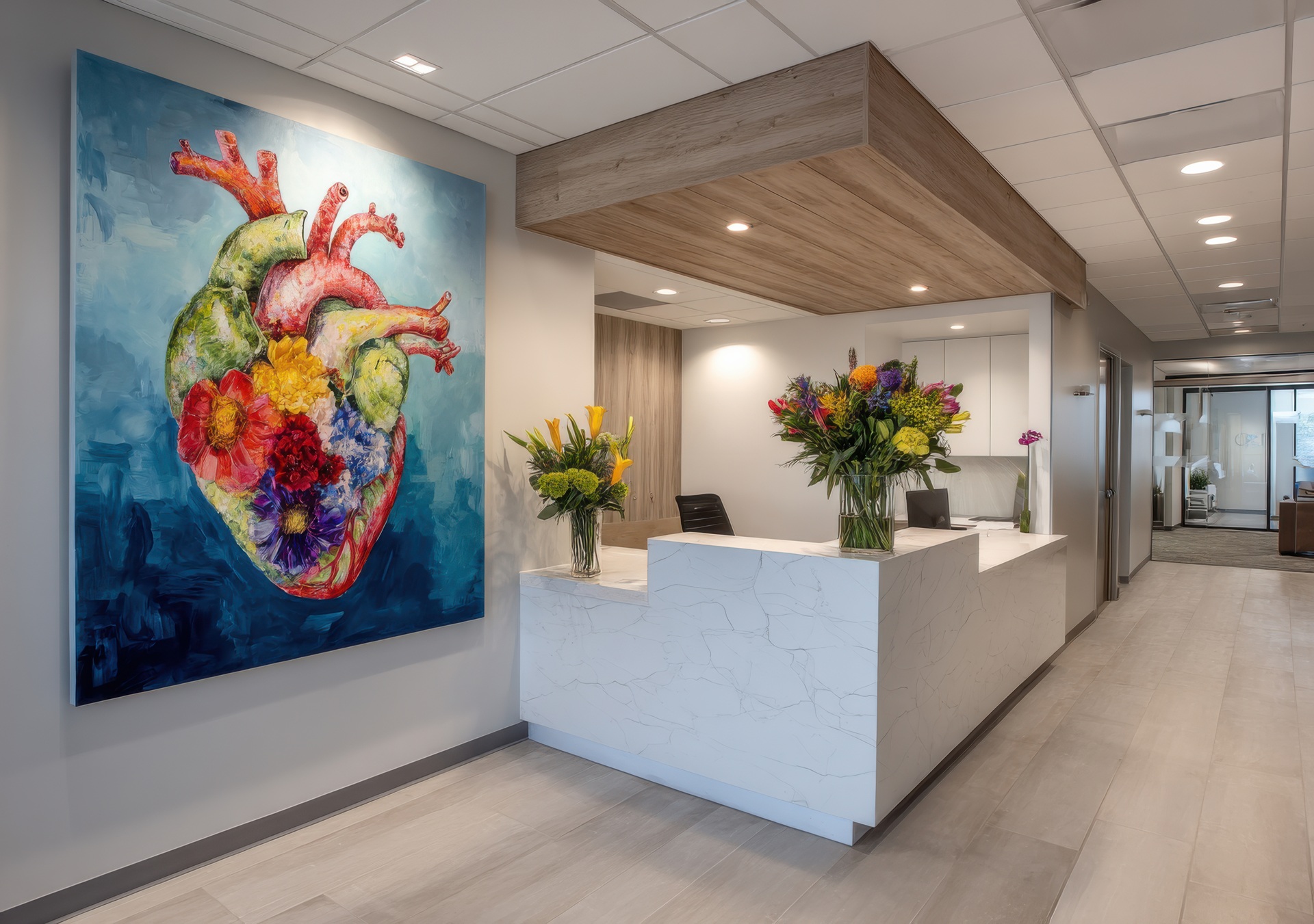 Heller Empfangsbereich mit Herzbild und Blumen | Therapieliege elektrisch