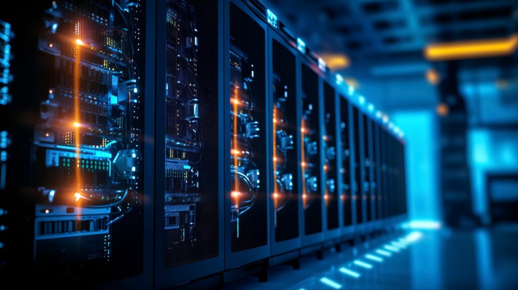 Beleuchtete Serverracks in modernem Datenzentrum | Multimode Kabel